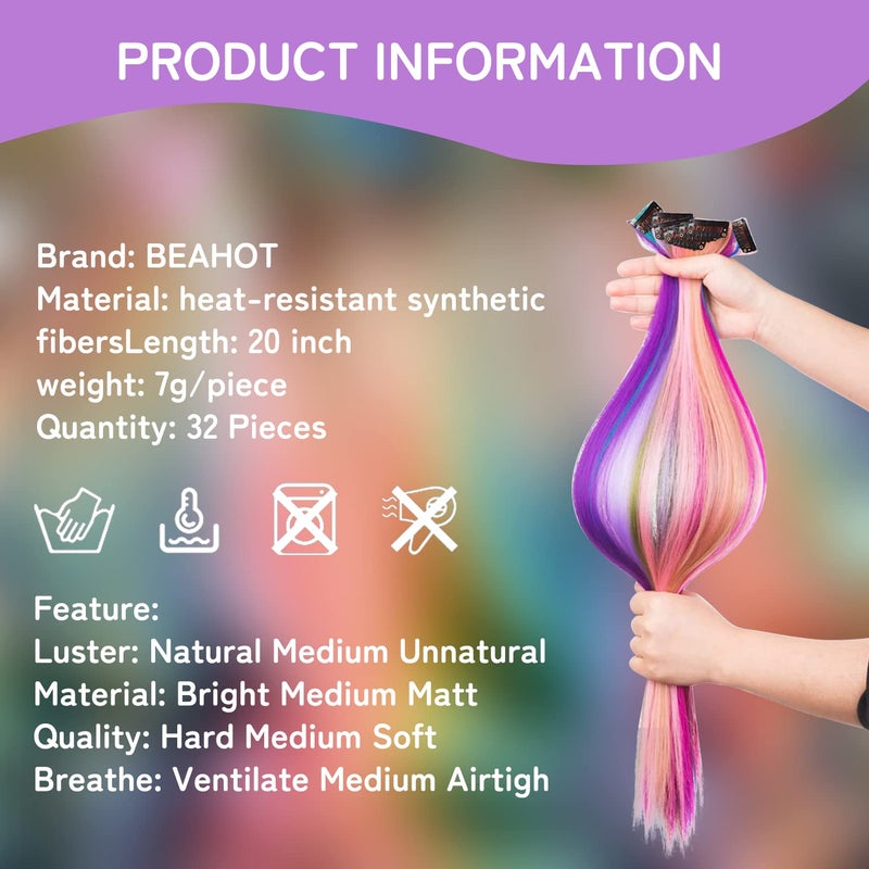 BEAHOT 32 PCS Clip in Colored Hair Extensions for Kids, 20 Inches Rainbow Long Straight Hairpieces Synthetic,BEAHOT Hair Extensions-Pretty Gift for Cosplay Dress Up Fashion Party Birthdayï¼ˆ32 Colors) - Image 4